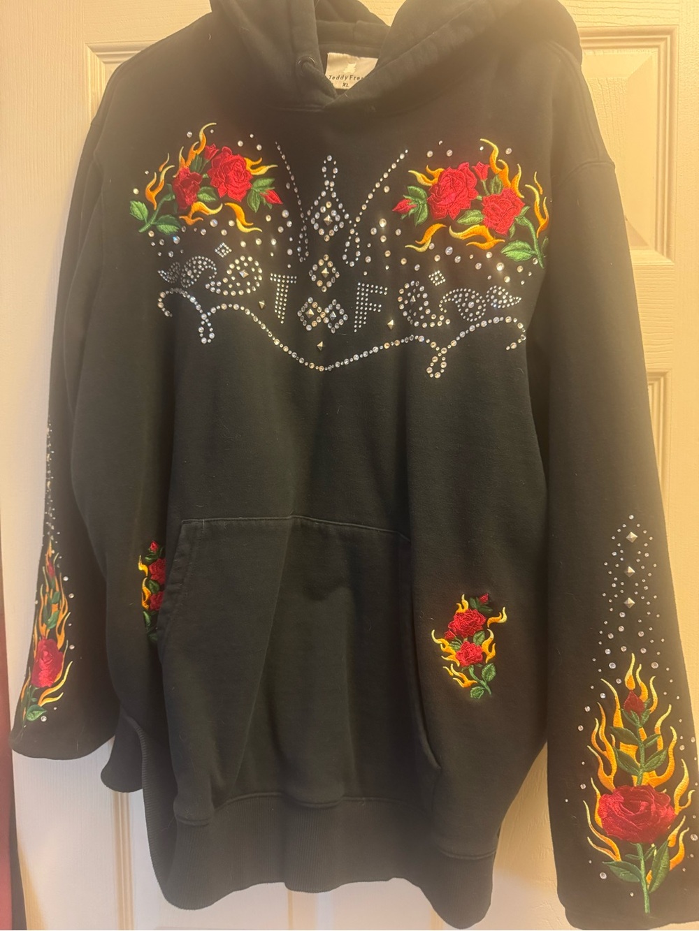 Teddy Fresh Black Hoodie with Flaming Red Roses & Rhinestones size XL